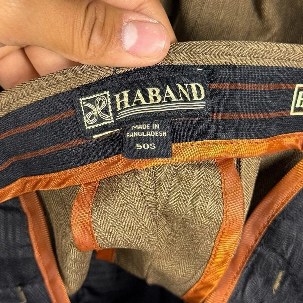 Haband Pinstripe Pleated High Rise Dress Pants Mens 50S Brown Herringbone
